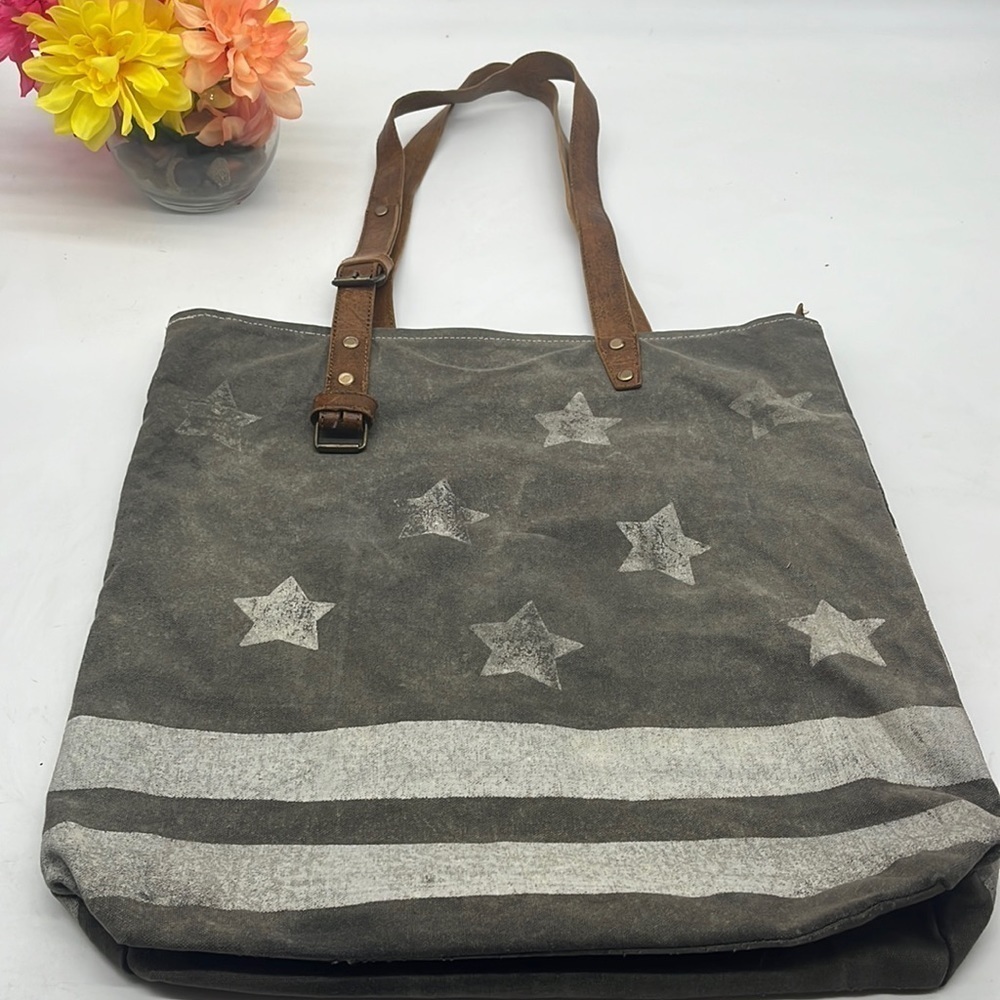 Mona B Stars and Stripes Canvas Leather Upcycled Large Tote Bag. TOT2868D